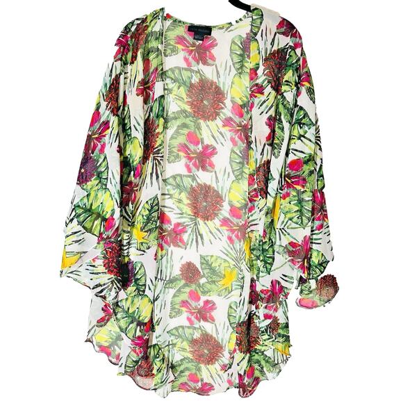 Steve Madden Floral Beachy Kimono Swim Layer One Sz Chiffon Sheer Open Oversized - Picture 2 of 9